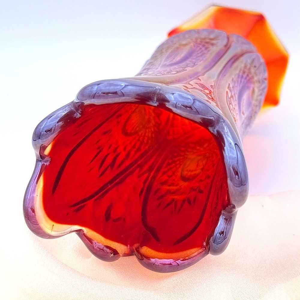 π SOLD π Carnival Glass Swung Vase Vintage Orange Red Eclectic Artistic Decor - Picture 7 of 10
